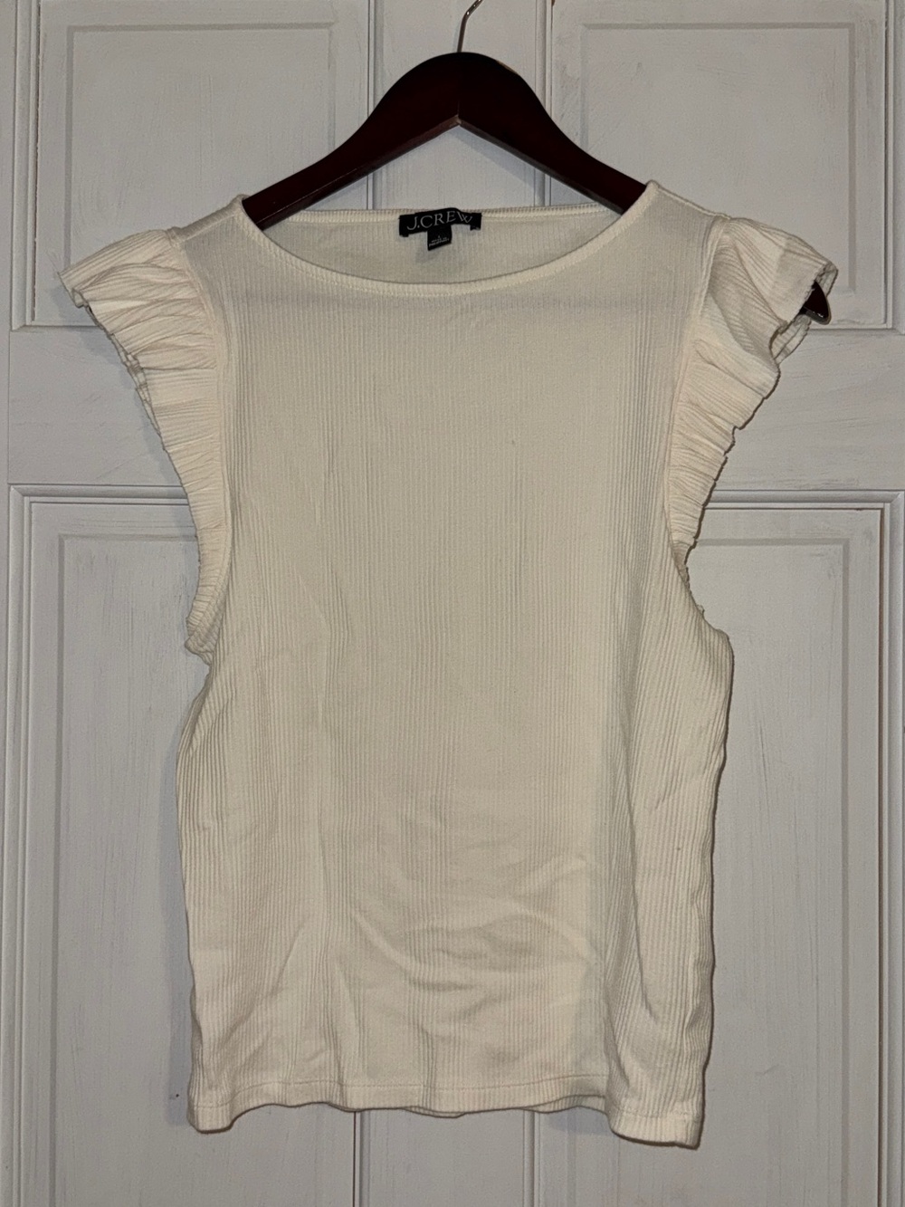 J. CREW Women's Ivory Vintage Rib Ruffle Flutter Sleeve Boatneck Top Size L